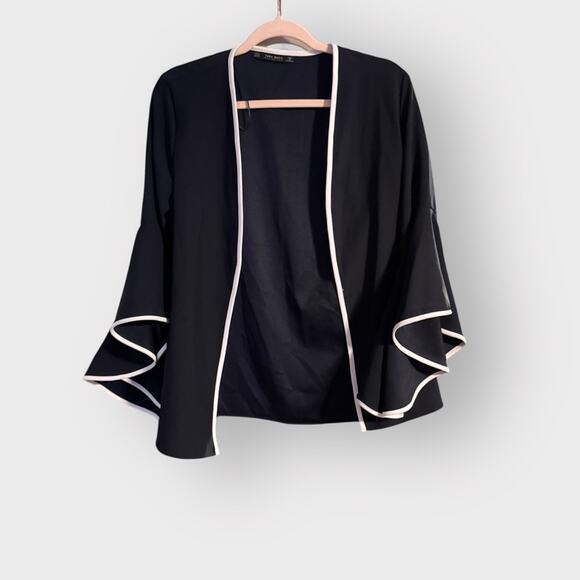Zara Navy Bell Sleeve Wrap Blouse Blazer with White Trim, Medium - Picture 6 of 11